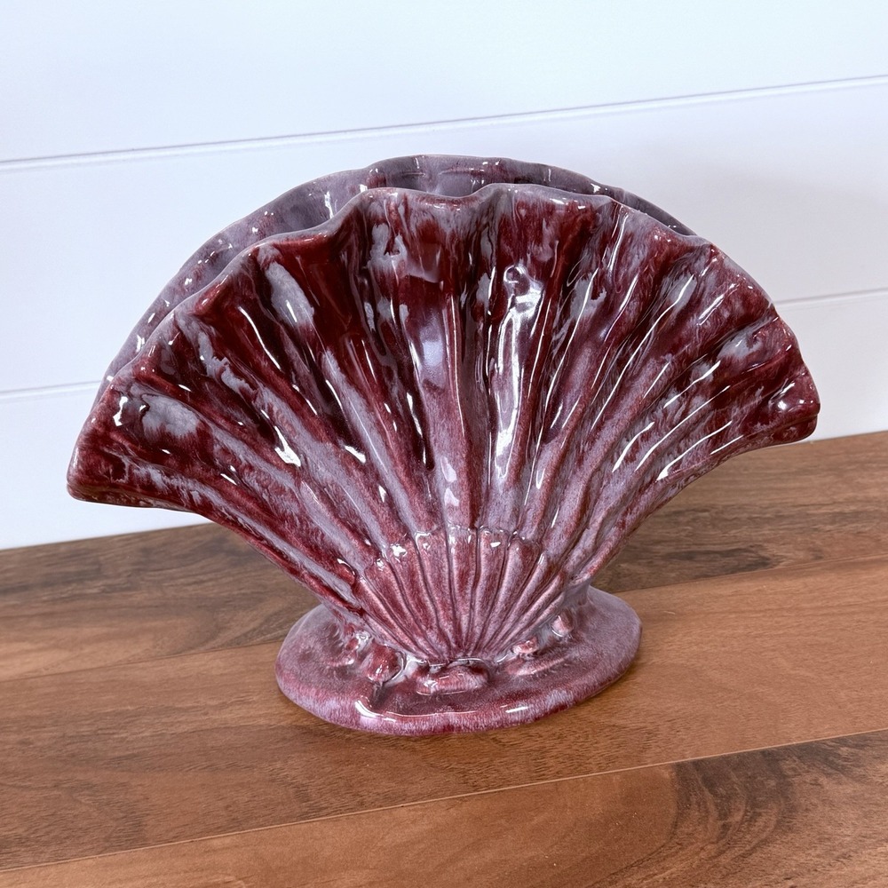 Gonder American Pottery Shell Fan Vase Purple Glaze *Small Chips* Mcm Coastal